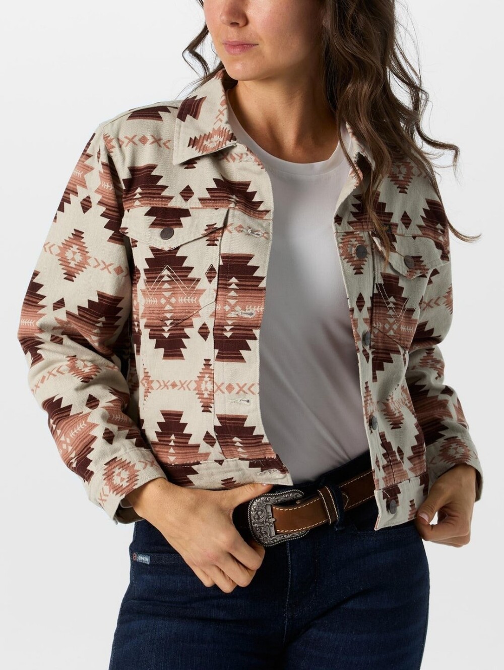 Wrangler Cream Brown Western Printed Boyfriend Fit Denim Jacket Size Medium